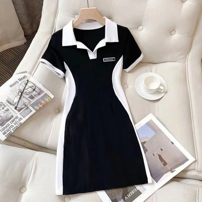 Women Polo Collar Dress Elegant Color block Short Sleeve Bodycon Midi Dress Casual Slim Fit T Shirt Dresses for Women