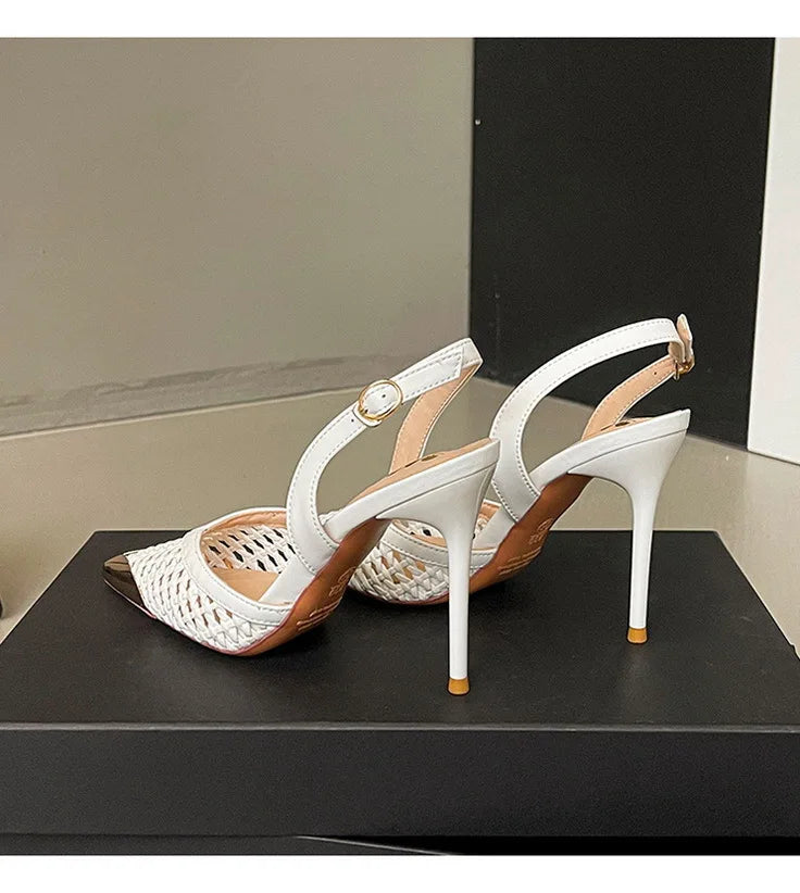 Elegant Hollow Out Woven Stiletto Sandals Women Pointed Toe Metal Straps High Heels
