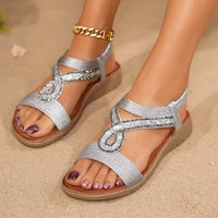Retro Electric Embroidery Sandals Flat Bottom Beach Shoes Diamond Elastic Band Comfortable Breathable Quick Dry Low Heel