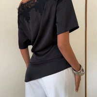 Elegant temperament women's top with lace splicing, sloping collar, waist cinching, solid color, irregular short sleeved top Natalia Home Fashion    Natalia Home Fashion