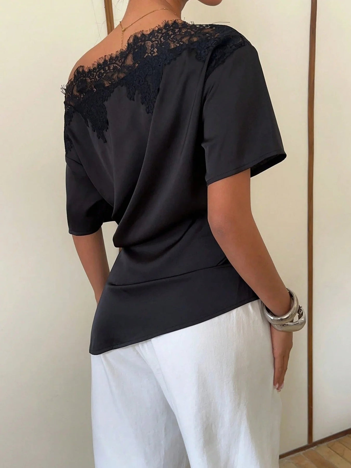 Elegant temperament women's top with lace splicing, sloping collar, waist cinching, solid color, irregular short sleeved top Natalia Home Fashion    Natalia Home Fashion