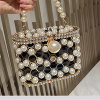 Luxury Pearl Beaded Metal Cage Hollow Out Women Handbag Rhinestones Diamond Evening Bag Wedding Party Clutch Purse Crossbody Bag