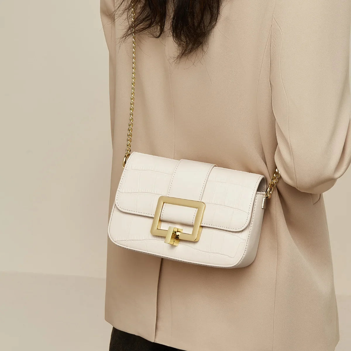 Luxury Two-Layer Cow Leather Handbag Women's Trendy Chain Crossbody Phone Bag Single Shoulder Bag Neutral Minimalist Style