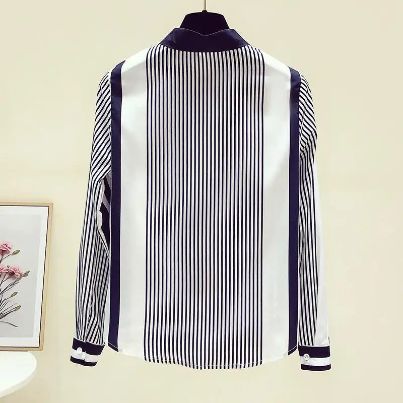 Office Lady Turn-down Collar Straight Loose Button Dress Shirts Blue Striped Long Sleeve Blouses Spring Thin Women's Clothing