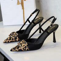 Satin Leopard Pointed Toe Women's Banquet Dress Shoes Elegant Thin High Heeled Pumps Ankle Strap Sexy