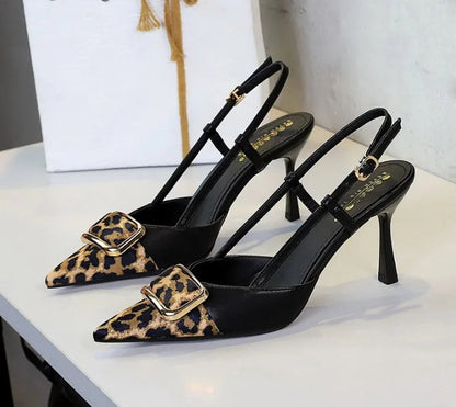 Satin Leopard Pointed Toe Women's Banquet Dress Shoes Elegant Thin High Heeled Pumps Ankle Strap Sexy - Natalia Home Fashion
