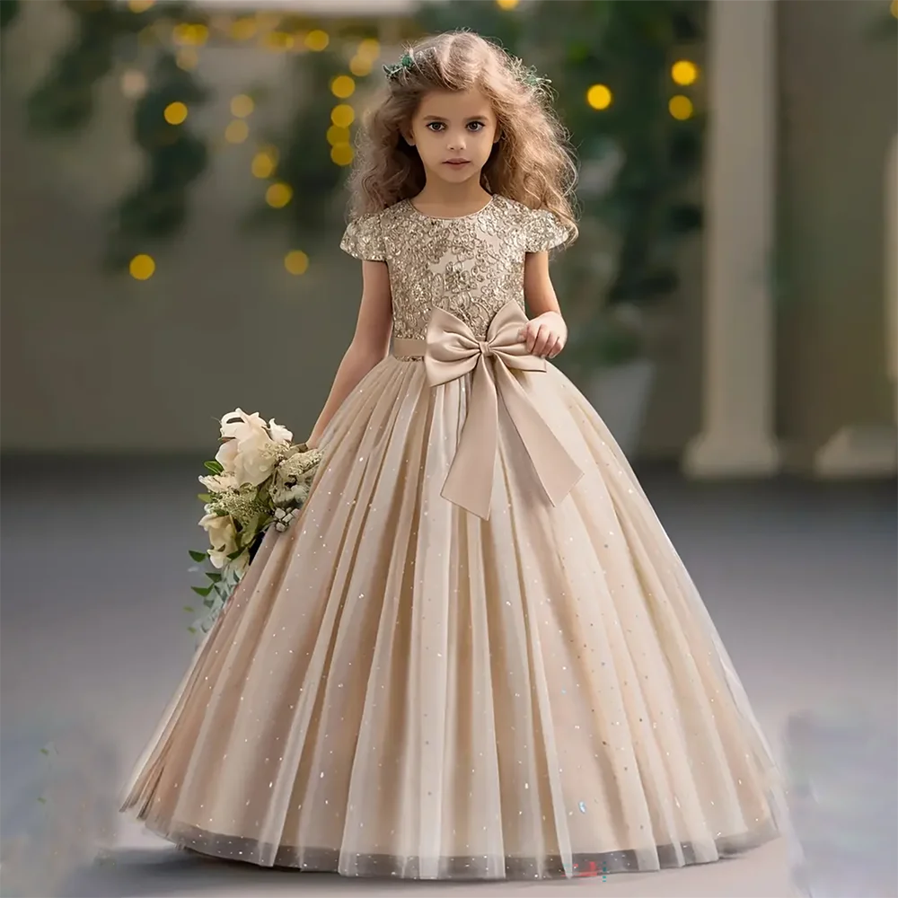 Girls Flower Embroidery Party Dress Kids Big Bow Long Wedding Bridesmaid Prom Gown Girl Fashion Lace Birthday Clothes Costumes