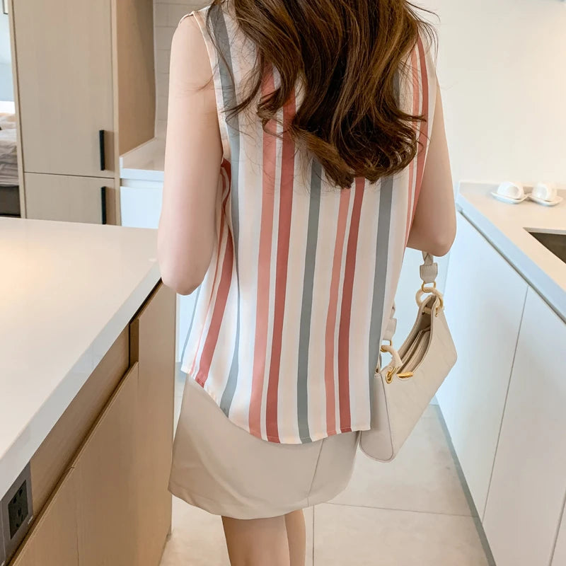 Stripe Women Blouse Casual Shirts Summer Female Clothing Sleeveless  Elegant and Youth Woman Blouses Basic Shirts and Blouses