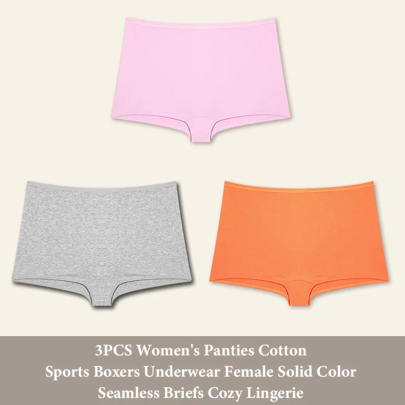 3PCS Women's Panties Cotton Seamless Sports Boxers Underwear Female Solid Color Briefs Cozy Lingerie Intimate Underpants