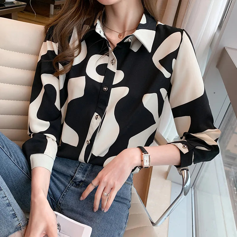 Elegant Long Sleeve Floral Print Chiffon Shirt Women's Versatile High-End Fashion Top Spring City Style Commute Shirt