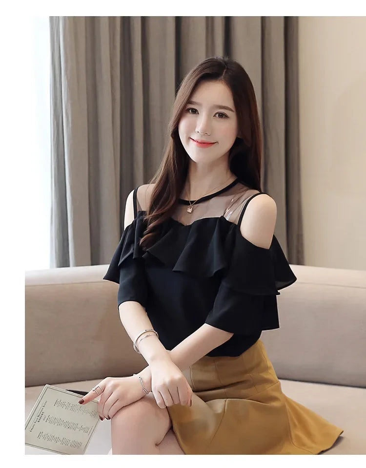 Loose Women's Chiffon Shirt round Neck Pure Color Mesh Five Sleeve Transparent Top Fashionable Small Shirt