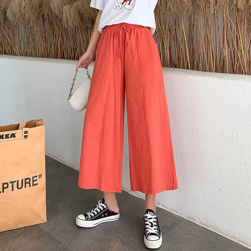 Casual Baggy Wide Leg Trousers Women Summer Thin Comfy Breathable Ankle Length Pants Vintage Loose Cotton Linen Straight Pants