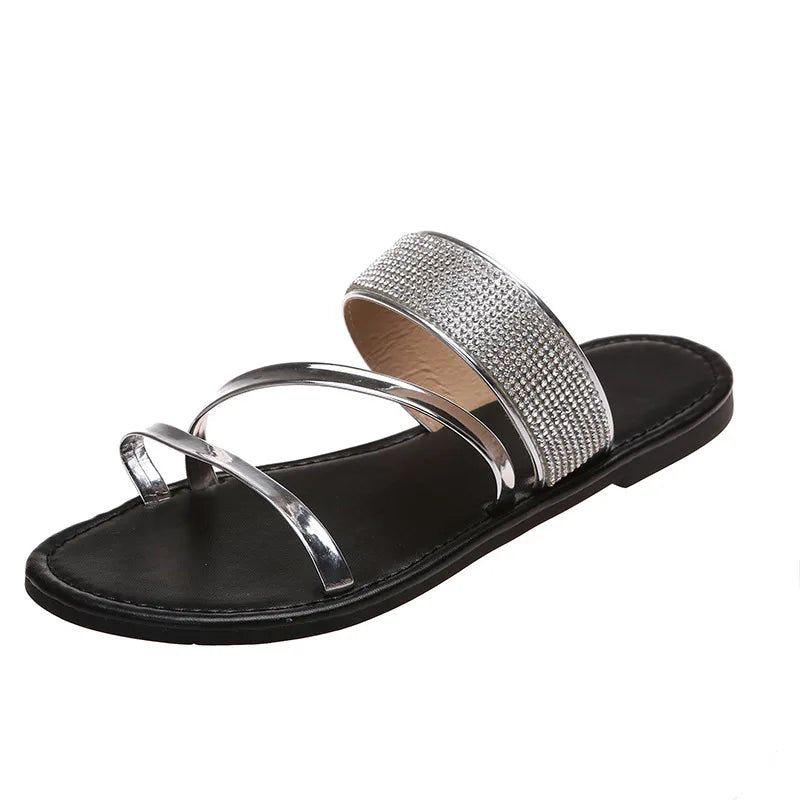 Women's Fashion Patent Leather Flat Heel Sandals Bling Rhinestone Narrow Band Beach Casual Slippers
