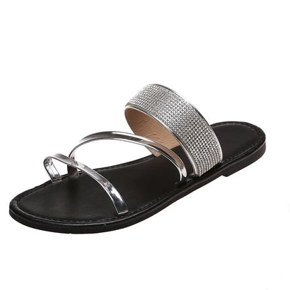 Women's Fashion Patent Leather Flat Heel Sandals Bling Rhinestone Narrow Band Beach Casual Slippers