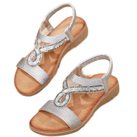Retro Electric Embroidery Sandals Flat Bottom Beach Shoes Diamond Elastic Band Comfortable Breathable Quick Dry Low Heel
