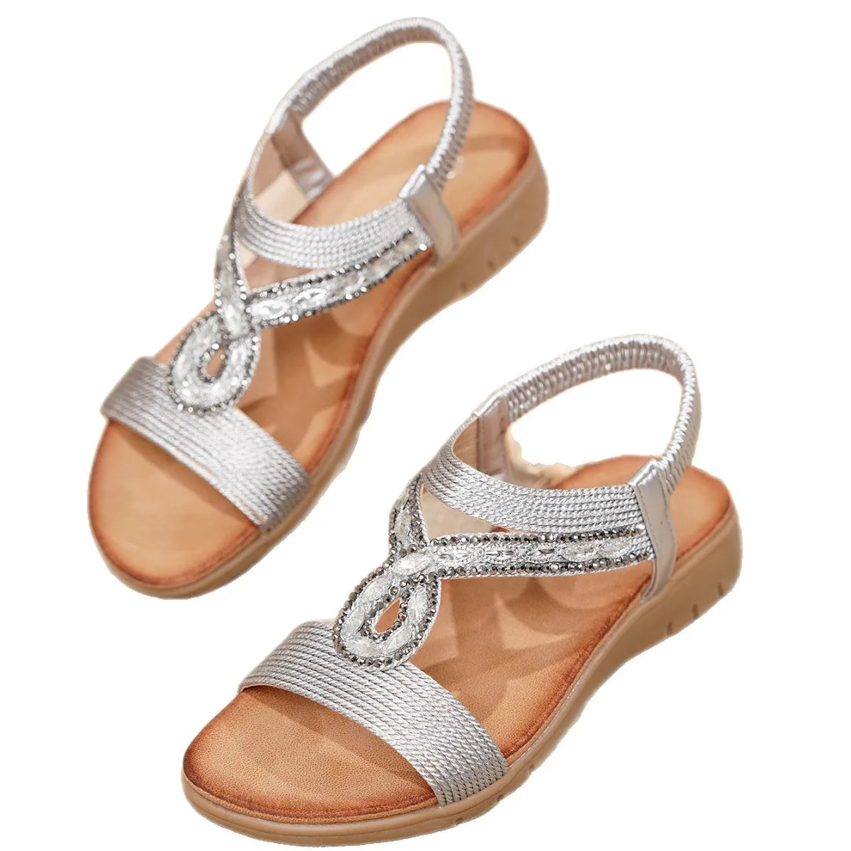 Retro Electric Embroidery Sandals Flat Bottom Beach Shoes Diamond Elastic Band Comfortable Breathable Quick Dry Low Heel