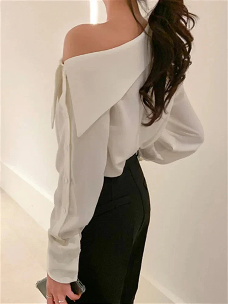 Off Shoulder Elegant Office Women's Shirt Top Fashionable Sexy Women Long Sleeved Chiffon Top