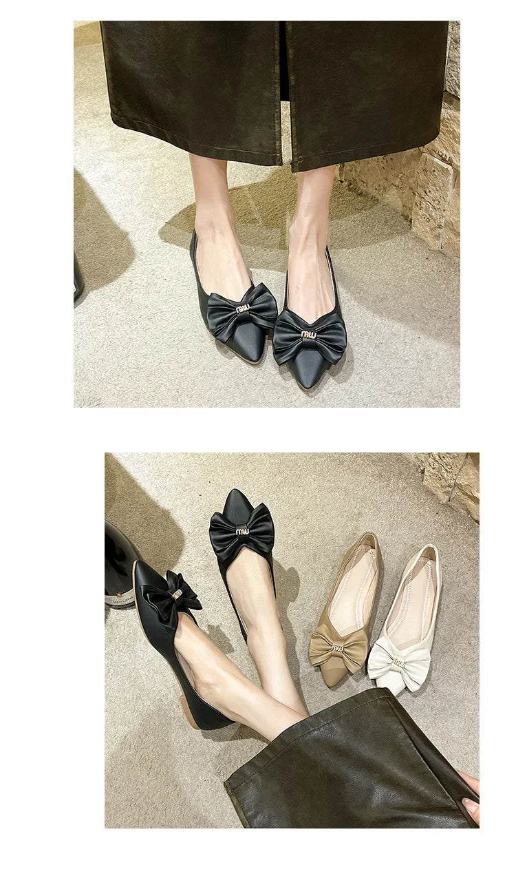 Soft Bottom Flat Casual Women's Shoes Butterfly Knot Slip-On Simple Design Shoes  Synthetic Leather