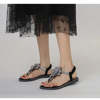 Womens Bohemian Floral Rhinestone Sandals Elegant Crystal Flower Décor Elastic Ankle Strap Soft Cushioned Insole Non Slip Sole