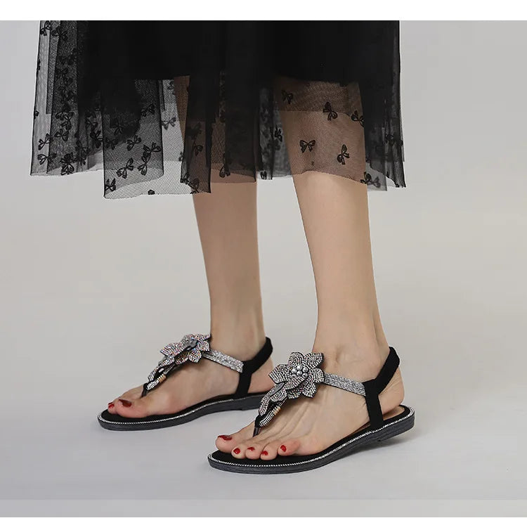 Womens Bohemian Floral Rhinestone Sandals Elegant Crystal Flower Décor Elastic Ankle Strap Soft Cushioned Insole Non Slip Sole
