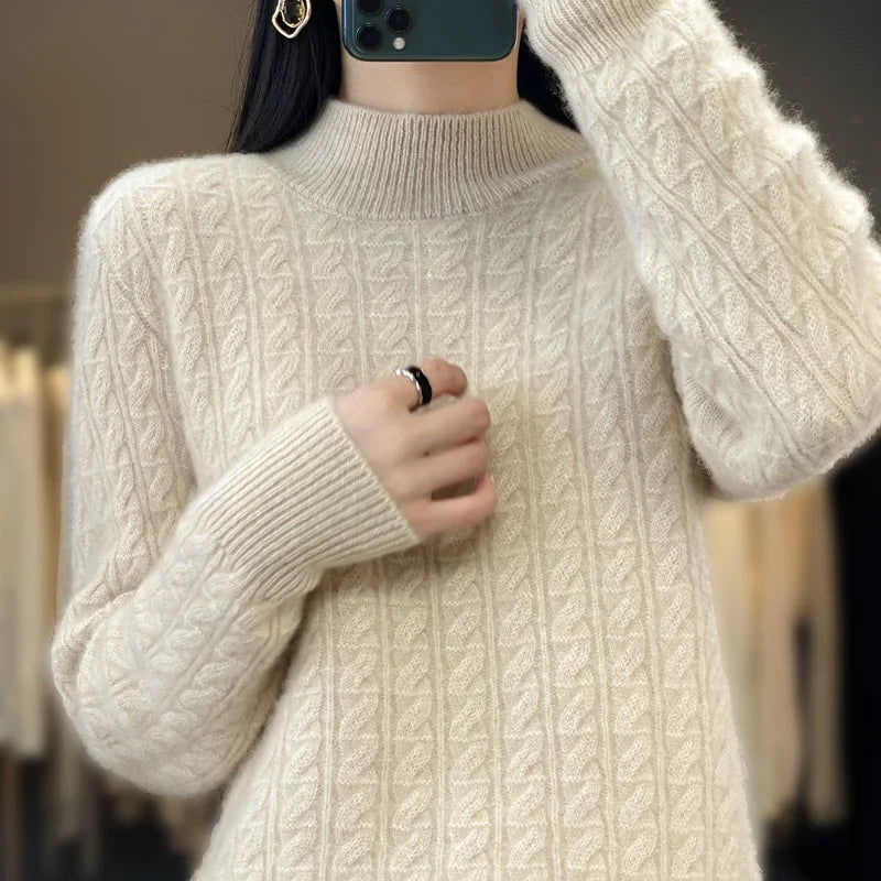 Thickened Pure Wool Knitted Sweater Women's Pullover Half High Collar Cashmere Base Layer Style