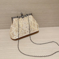 Pearl & Diamond Kiss Lock Clutch Bag Floral Handle Party Bag Metal Chain Cocktail Crossbody Bag