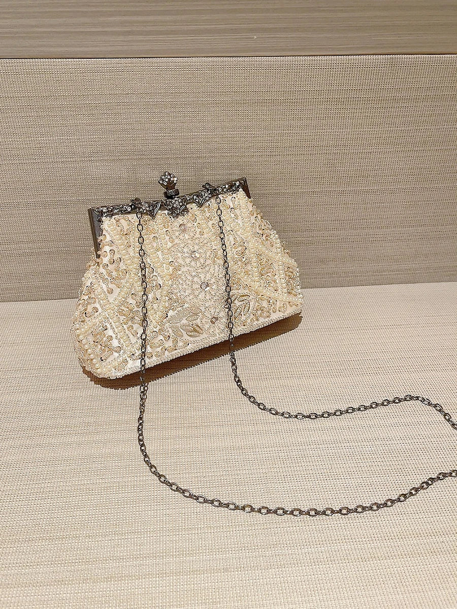 Pearl & Diamond Kiss Lock Clutch Bag Floral Handle Party Bag Metal Chain Cocktail Crossbody Bag