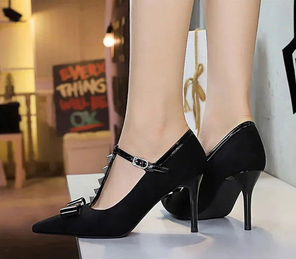 Banquet Bow Rivet T-button Pointed Head High Heel Women's Single Shoes