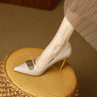 French Style Single Shoes Spring Women Pumps New Pointed Toe Shallow Mouth Metallic Buckle Commuting Shoes Stiletto Single Shoes