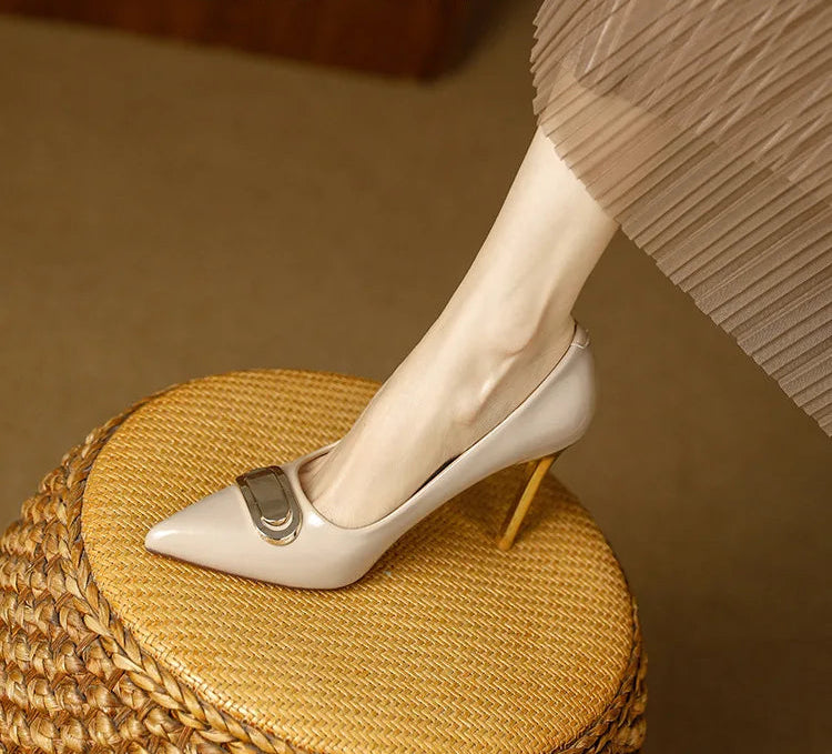 French Style Single Shoes Spring Women Pumps New Pointed Toe Shallow Mouth Metallic Buckle Commuting Shoes Stiletto Single Shoes