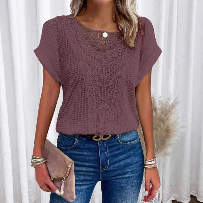 T shirt women 2026 fashion Spring Summer New lace patchwork short-sleeved T-shirt solid color tshirt women's clothing Natalia Home Fashion    Natalia Home Fashion