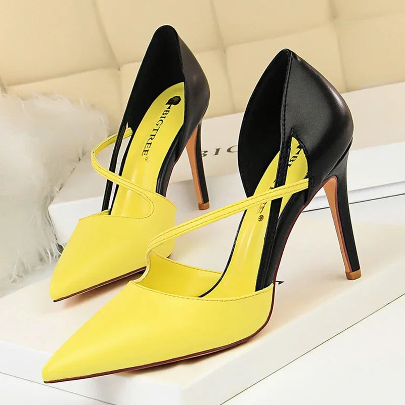 Women 9.5cm High Heels Sandals Nightclub Stripper Heels Sexy Patchwork Party Ankle Strap 2 tone Shoes