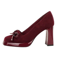 Chunky Block Heels Women Pumps Bow Decoration High Heels Square Headed Platform High Heels Suede Ladies Shoes