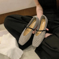 Round Toe Mary Jane Shoes Leather Grape Pattern Retro Style Hollow Weave Upper Low Heel Slip-On Retro Flats
