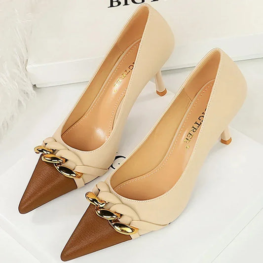Women Fashion Mixed Colors 7cm Thin High Heels Metal Chain Banquet  Pumps Lady Pointed Toe Low Heels Formal Occasion Prom Shoes