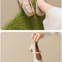 Retro Square Head Mary Jane Shoes Women Comfortable Slip-On High Heels Casual Velvet Upgraded Rubber Sole