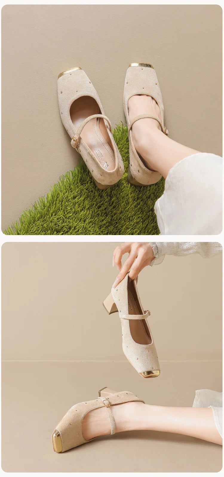 Retro Square Head Mary Jane Shoes Women Comfortable Slip-On High Heels Casual Velvet Upgraded Rubber Sole