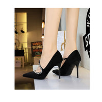 Banquet Pointed Toe High Heels Diamond Chain One-Strip Thin Heel Super High Heels Light Mouth Elegant Lace-Up