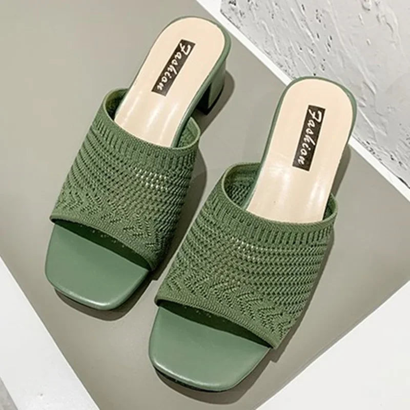 Women Slippers Open Toe Comfort Slippers Women Fashion Fly Weave Outdoor Sandals Women Medium Heel Slippers - Natalia Home Fashion