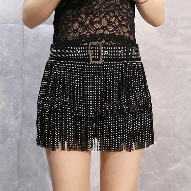 Tassel Short Shorts Women's Diamond Embellished Mid-Waist Dance Denim Hot Pants Outerwear Fashionable Korean Style Sexy