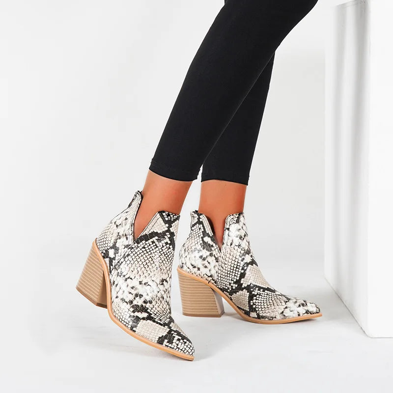Boots Women Ankle Leopard Mid Heel Shoes Female Slip-On Casual Black Square Heel Booties