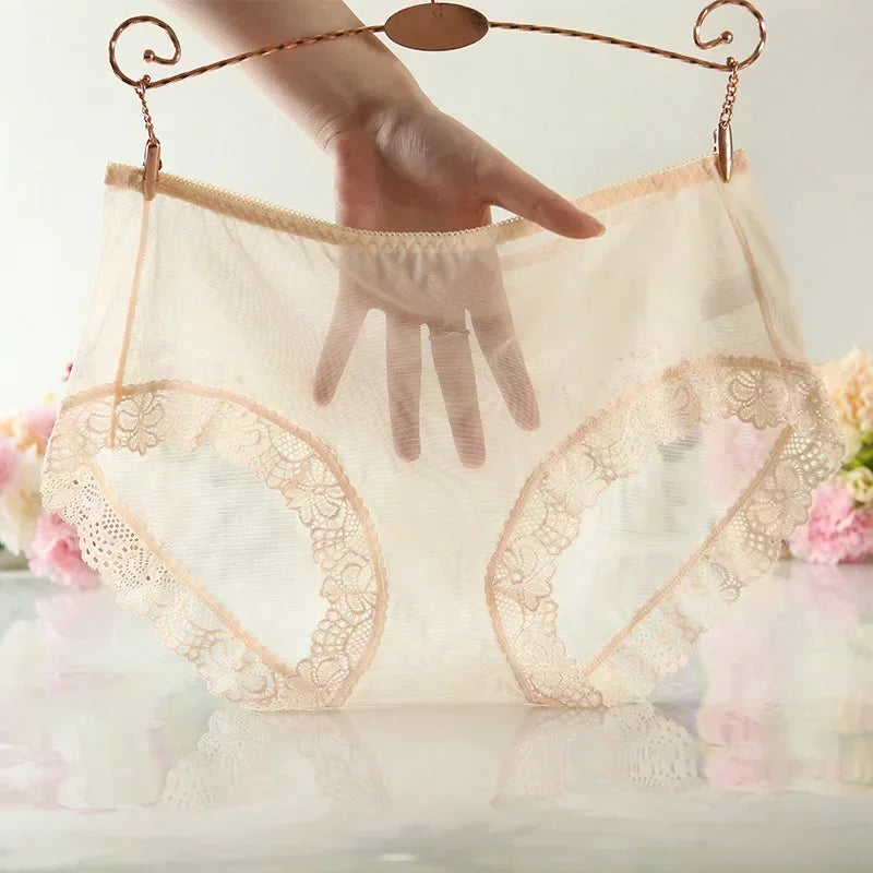 Sexy Women's Transparent Briefs Solid Color Ultra-Thin Mesh Seamless Lace Edge Underpants Underwear Panties Briefs Female