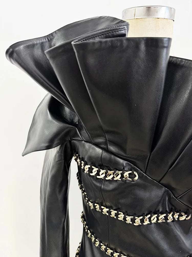 Elegant Socialite Fashion New Heavy Chain Three-Dimensional Ruffle Off-Shoulder Leather Dress Sexy Mini Dress