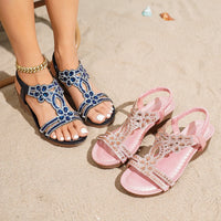 Bohemian Style Thick Heel Sandals Summer Fashion Beach Diamond Women's Shoes round Head Roman Style PU Leather Roman Sandals