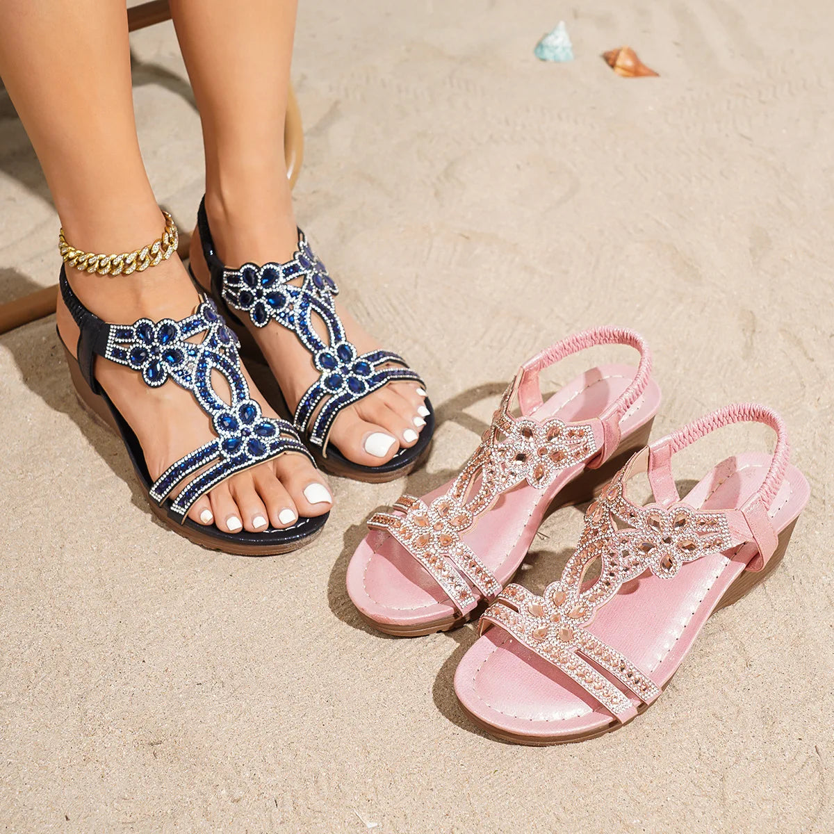 Bohemian Style Thick Heel Sandals Summer Fashion Beach Diamond Women's Shoes round Head Roman Style PU Leather Roman Sandals