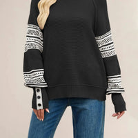 Women Mock Neck Knit Sweater Color Block Geometric Pattern Raglan Long Sleeve Button Cuff Loose Fall Winter Pullover Jumper Natalia Home Fashion    Natalia Home Fashion