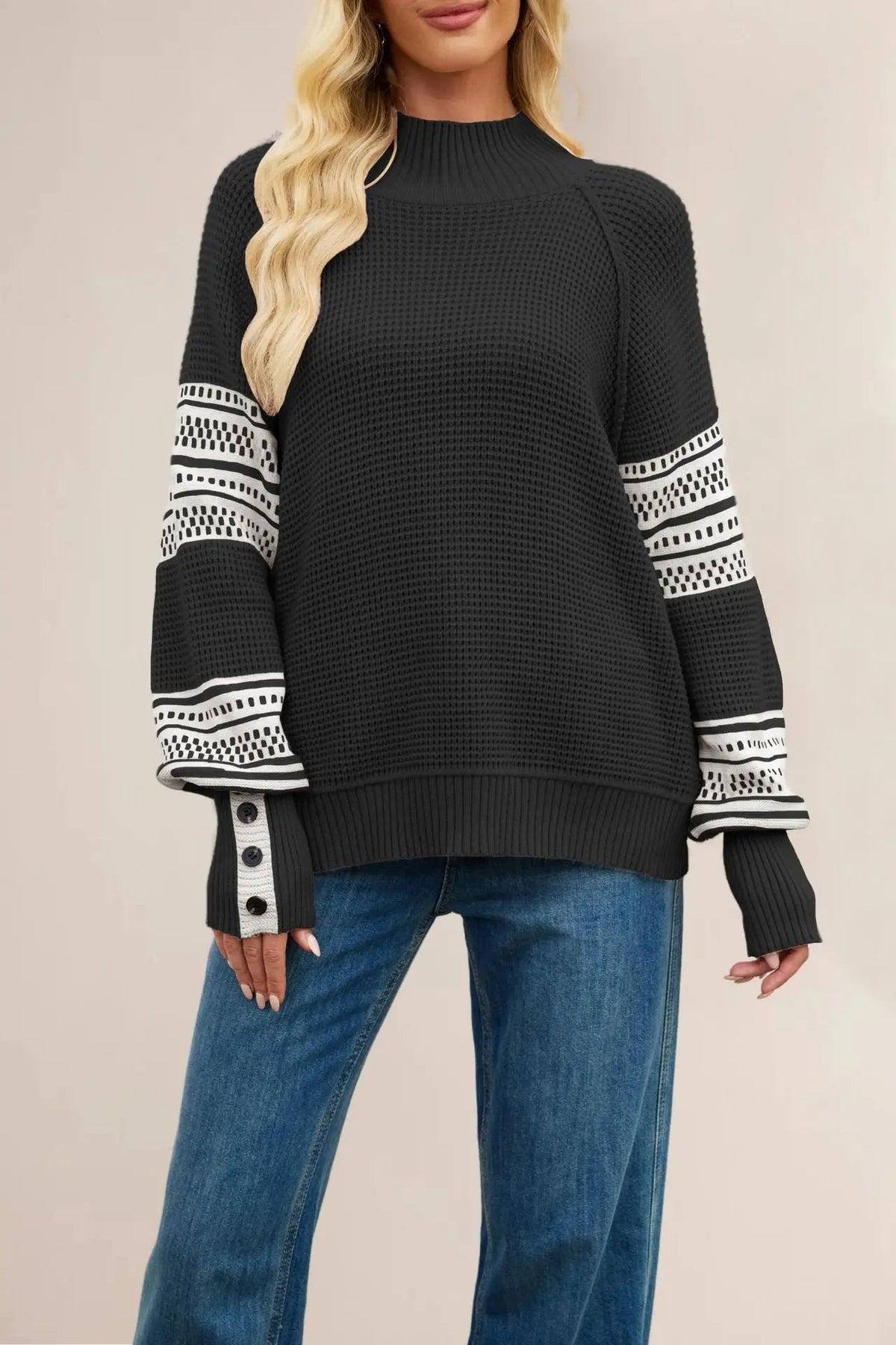 Women Mock Neck Knit Sweater Color Block Geometric Pattern Raglan Long Sleeve Button Cuff Loose Fall Winter Pullover Jumper Natalia Home Fashion    Natalia Home Fashion
