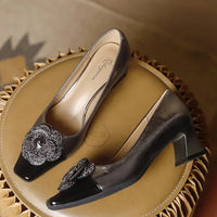 Rhinestone Camellia Flower Women's Shoes Square Toe Thick Heels 5cm Ladies Pumps Party Shoes