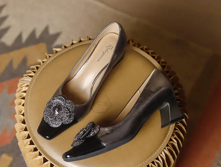 Rhinestone Camellia Flower Women's Shoes Square Toe Thick Heels 5cm Ladies Pumps Party Shoes