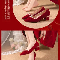 Women's Chunky Heel Pointed Toe Slip-On Shoes Wedding Dress Two-Way Wear Pearl Red Bridal Shoes Spring Autumn New Style